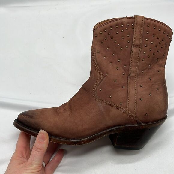 Discontinued Lucchese Brown Suede Ankle Zip Up Cowboy Boots with Studs - Picture 7 of 16
